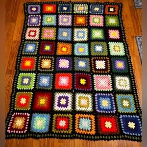 Vintage Hand Made Crochet Granny Square Blanket Afghan 70x52 Multi Colored